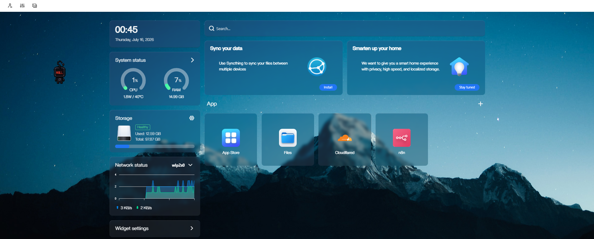 CasaOS dashboard showing self-hosted service status, storage, and deployed applications