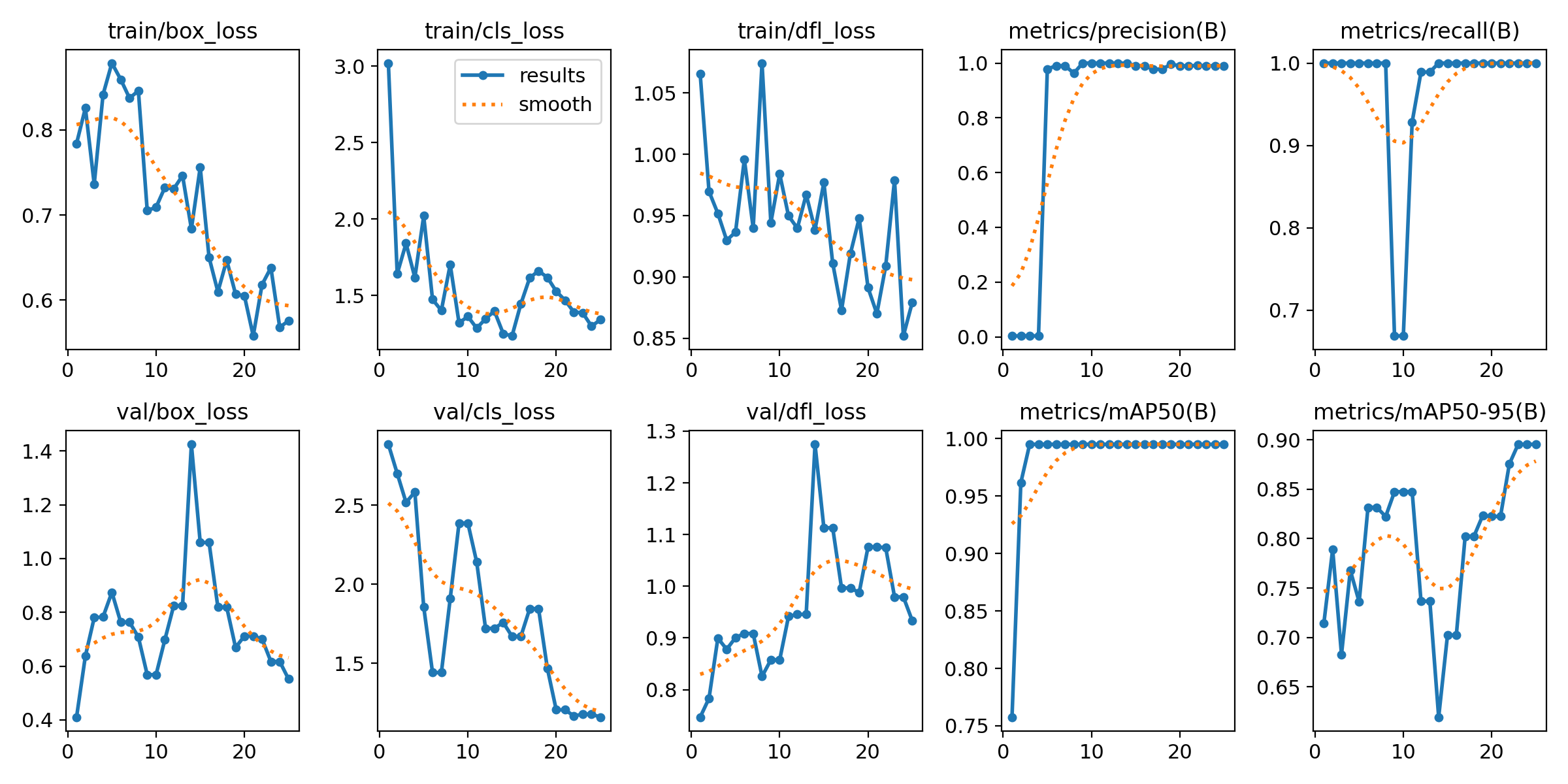 CNN training results showing loss, precision, recall, and mean average precision metrics