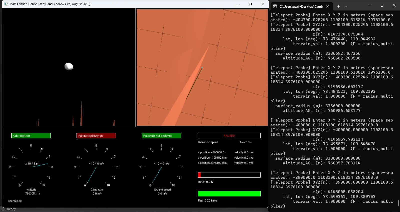 Mars Lander Simulation showing the flight interface, terrain view, and diagnostic console
